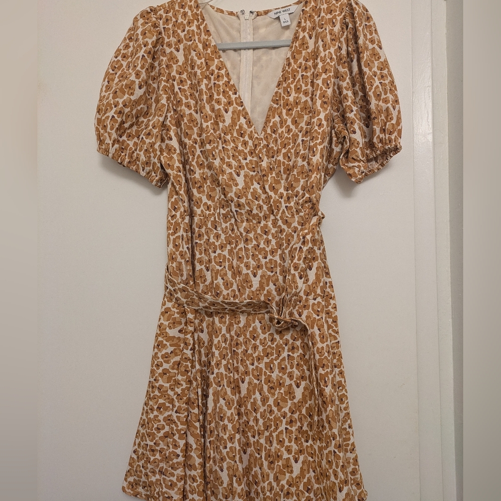 Nine West Tan Puff Sleeve Wrap Midi Dress